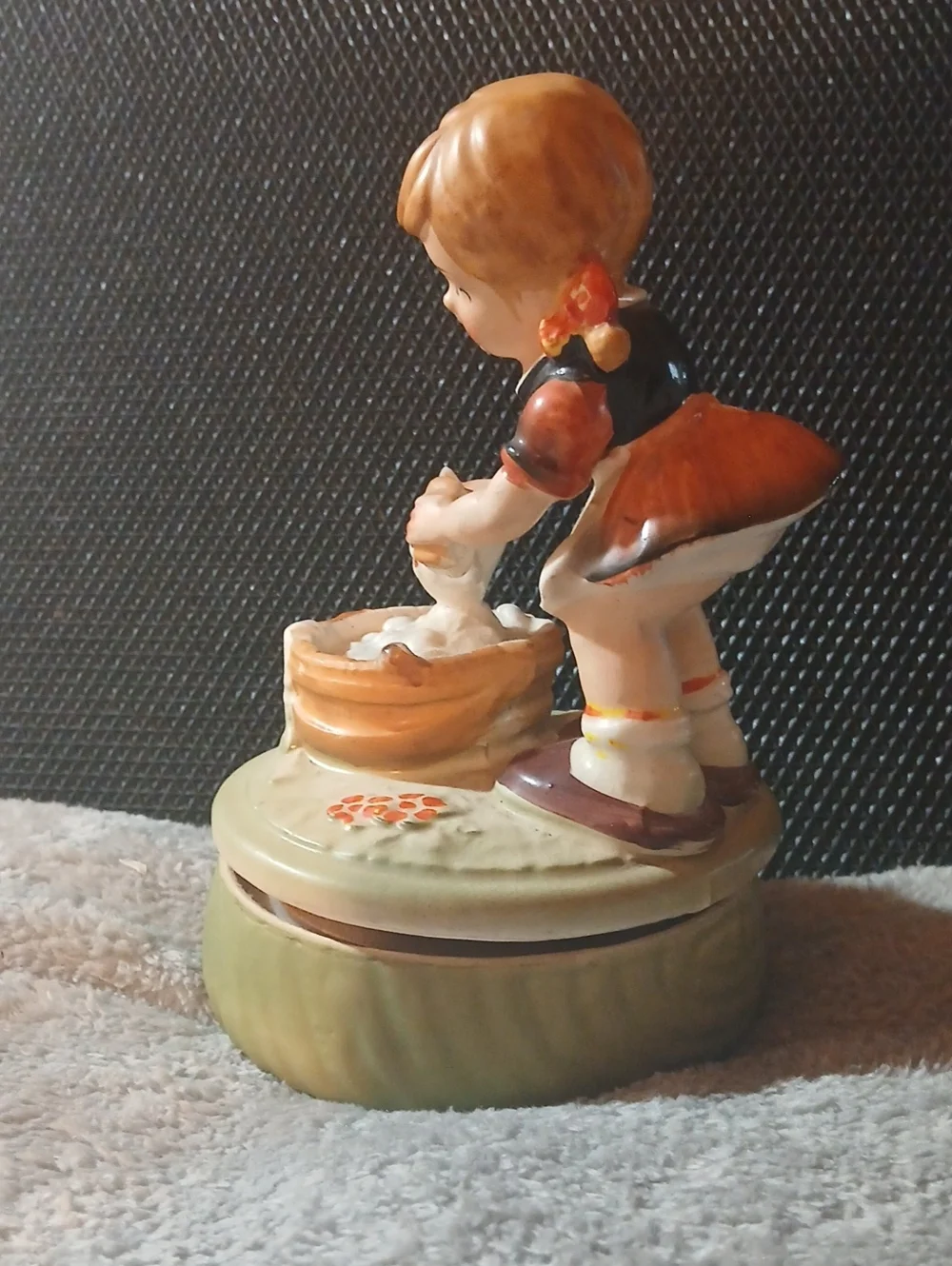 Vintage Girl Washing Kitten Figurine - Cream, Brown, Black